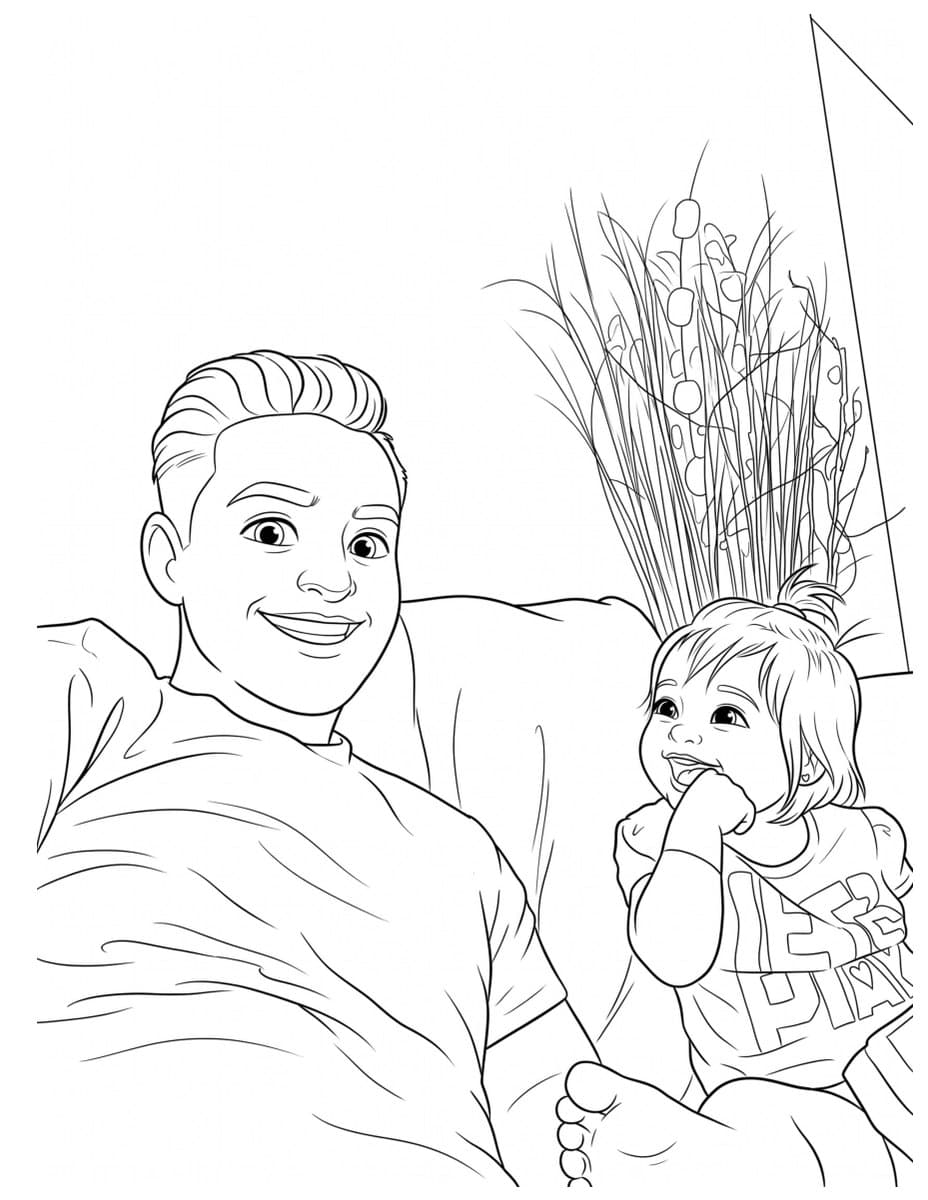 A dad and his toddler on the couch, as a coloring page