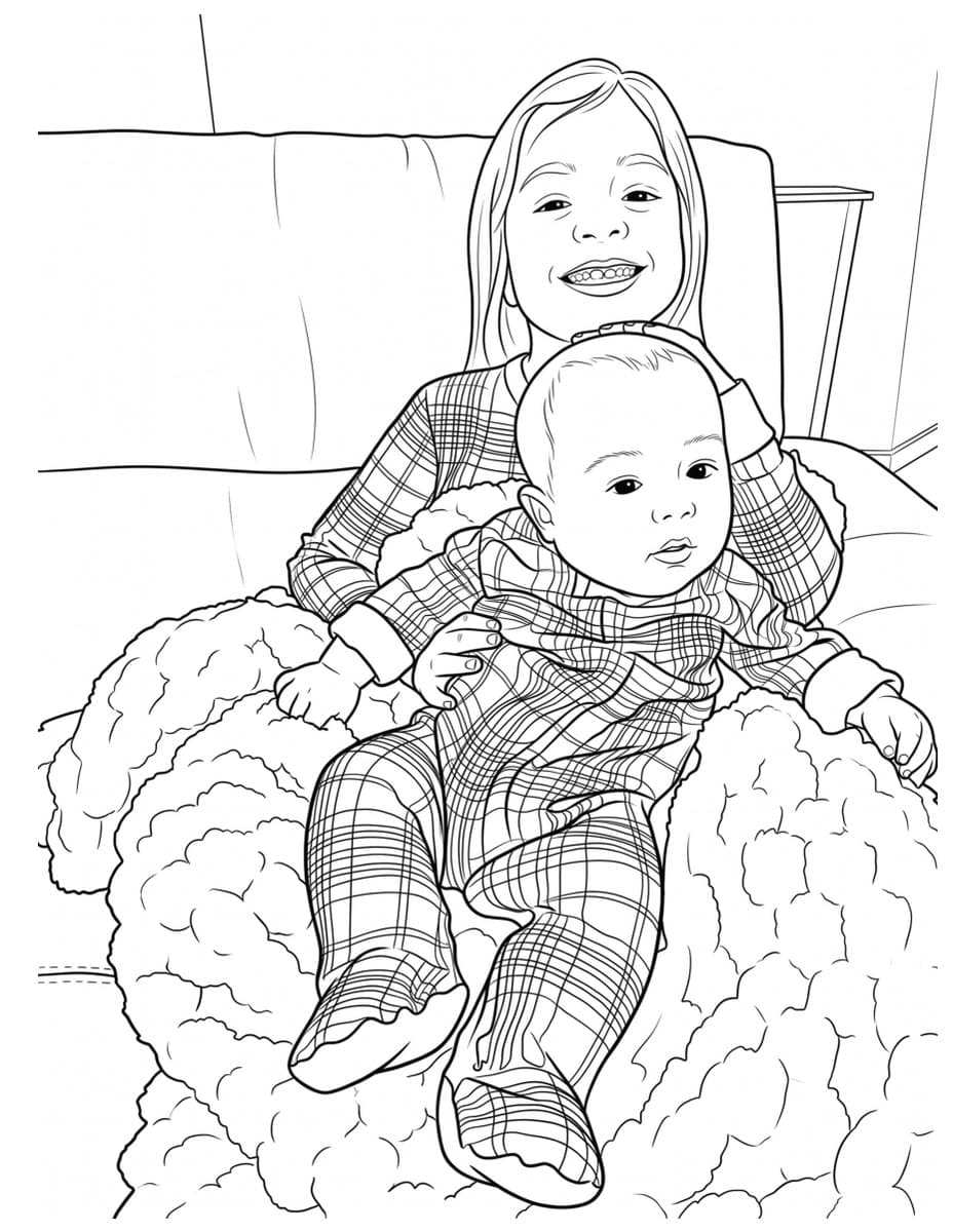 Two kids snuggled on the couch, as a coloring page