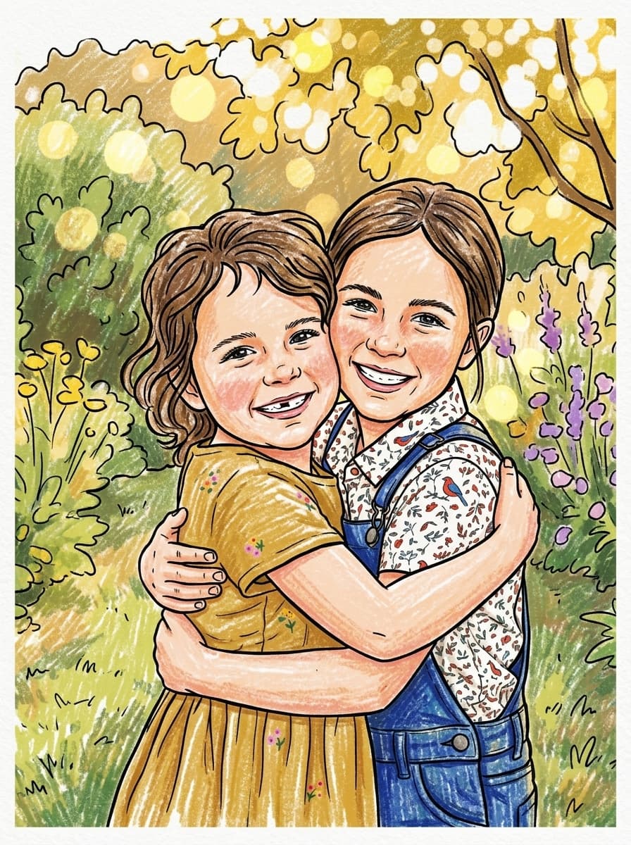 A portrait of two sisters in a sunlit garden, made into a Little Ink Club coloring page